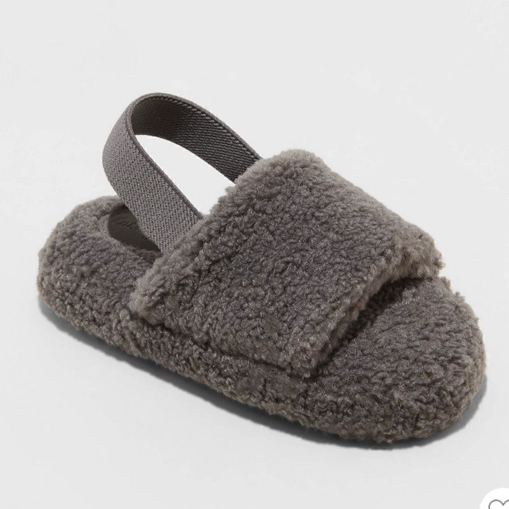 Cat & Jack Boys Single Strap Faux Shearling Slippers Gray Large 9/10